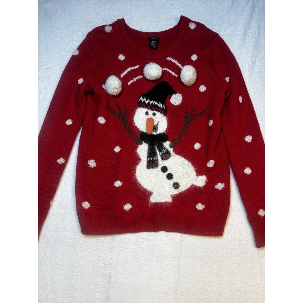 Rue 21 Womens Ugly Sweater Size Medium Winter Snowman Snow Long Sleeve Red